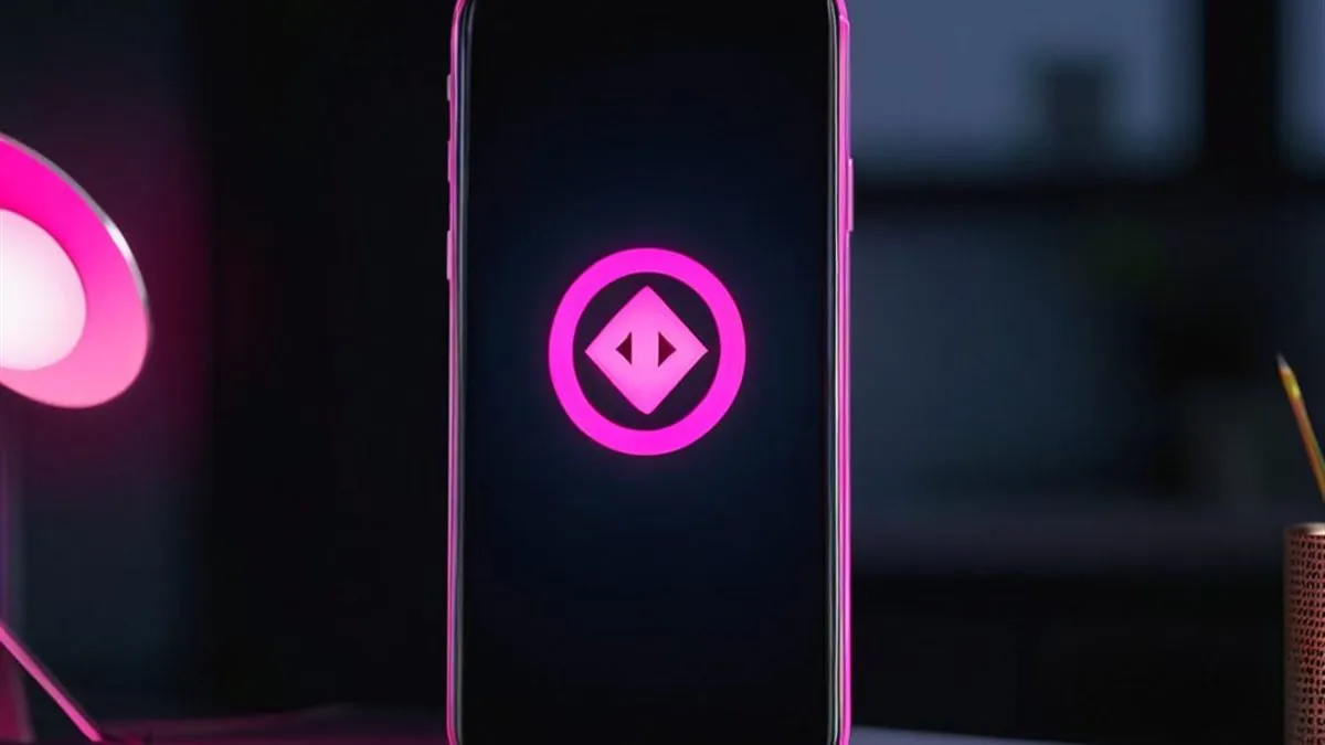 Celular con borde rosa y un icono luminoso en pantalla sobre un escritorio oscuro