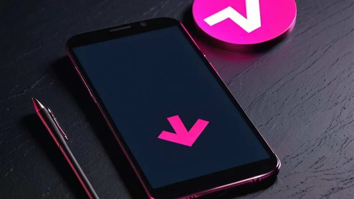 Celular con una flecha rosa en pantalla junto a una pluma y una insignia de verificación