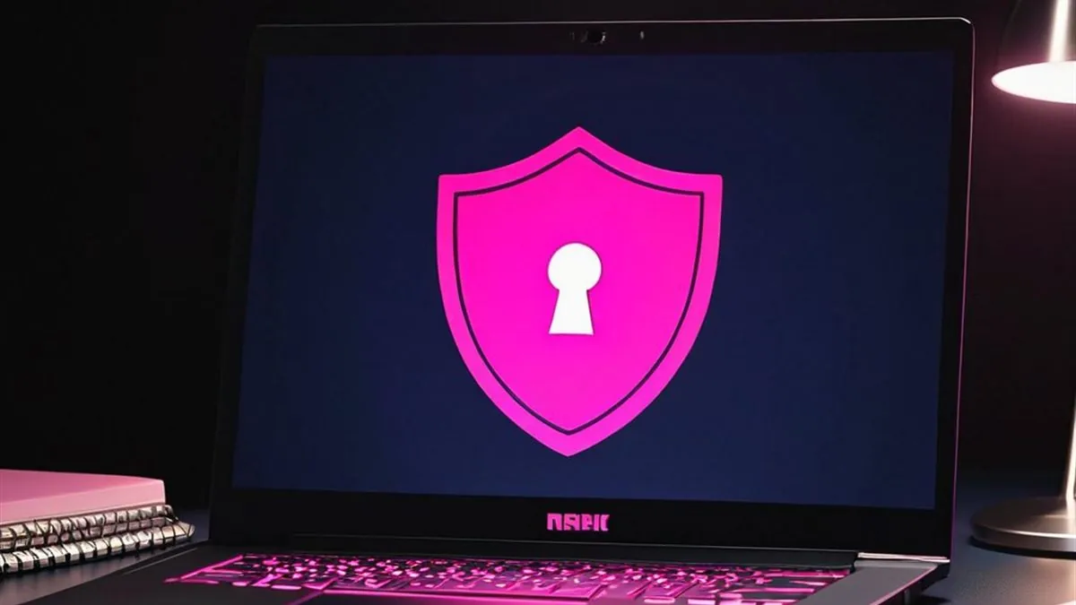 Laptop con un escudo rosa y un candado en la pantalla oscura