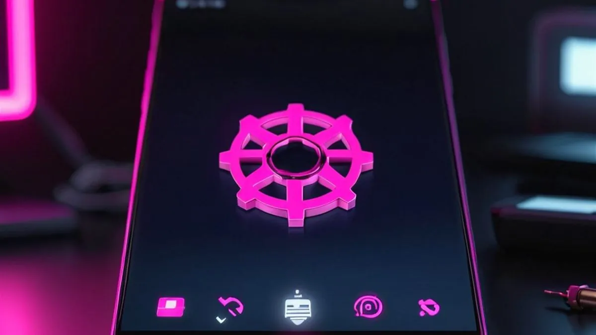 Celular con un engrane rosa luminoso en pantalla y botones de ajustes abajo
